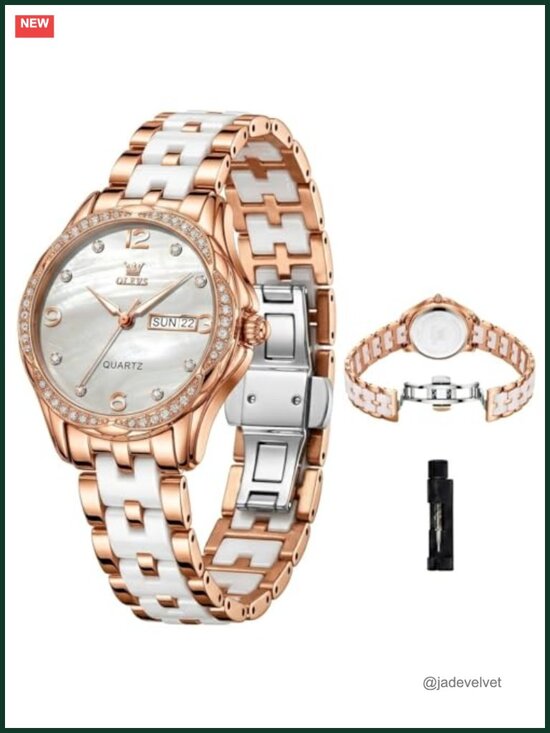 Luxury Ceramic Stainless Steel Women\'s Dress Watch Quartz Diamond Accents